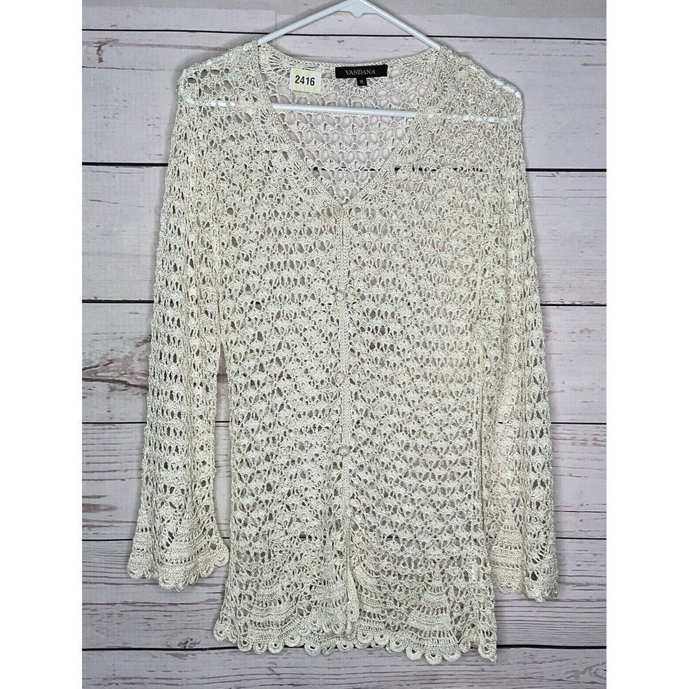 NWOT Vandana Women's Size L Lace Scalloped Hem Long Sleeve Button Front Cardigan